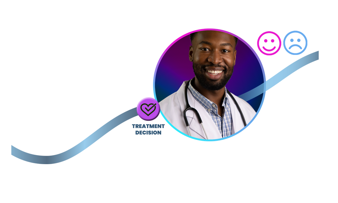 An image of a doctor inside a circle with a happy and sad icon to the right, and text that reads “Treatment Decision” to the left