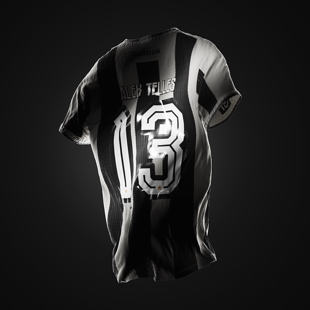 Black and white striped soccer jersey with the name "Alex Telles" and number 13 on the back