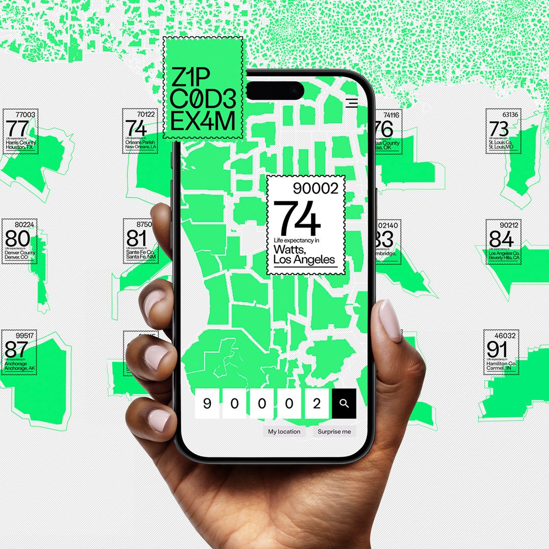 A hand holding a phone displaying a map with life expectancy data by zip code. The zip code 90002 (Watts, Los Angeles) shows a life expectancy of 74.