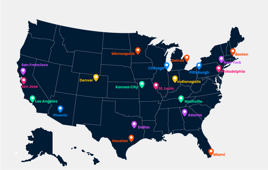 A map of the United States. Highlighted locations include Boston, New York, Philadelphia, Pittsburg, Indianapolis, Miami, Nashville, Atlanta, St. Louis, Detroit, Chicago, Minneapolis, Kansas City, Dallas, Houston, Denver, Phoenix, Los Angeles, San Jose and San Francisco,