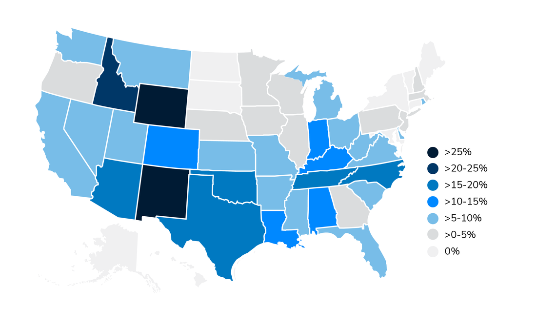 Map of the United States. Varying shades of color represent percentage of private equity ownership of hospitals by state.