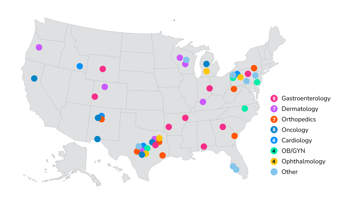 Map of the United States with colored dots indicating locations with one or more HCP specialties in the area.